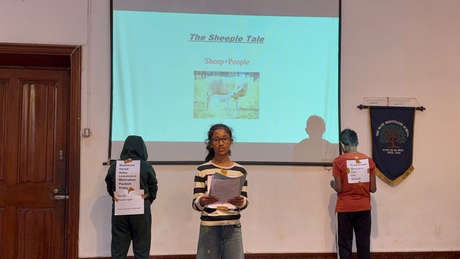 Grade 7 students presenting The Sheeple Tale at their class assembly