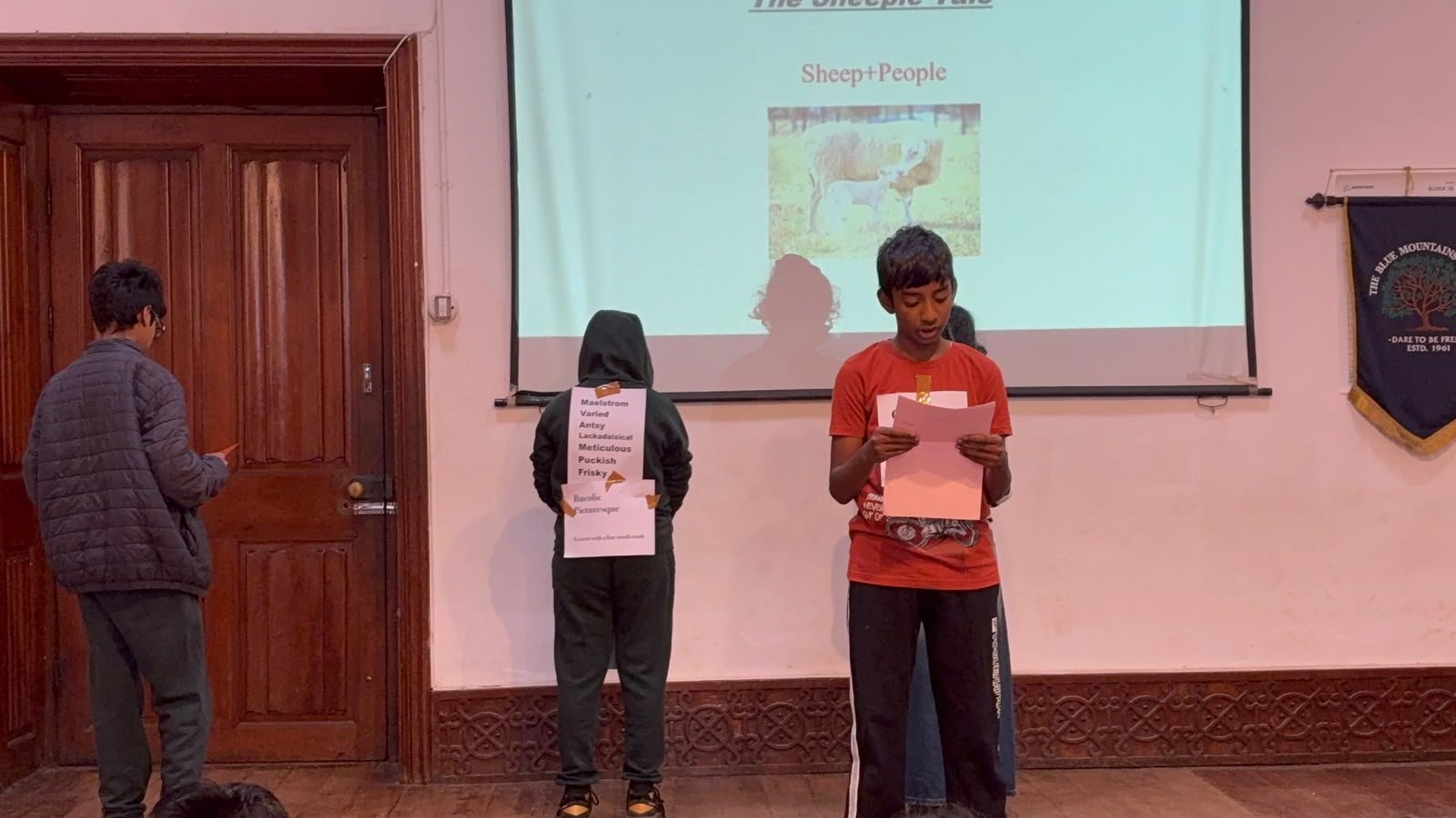 Grade 7 students presenting The Sheeple Tale at their class assembly