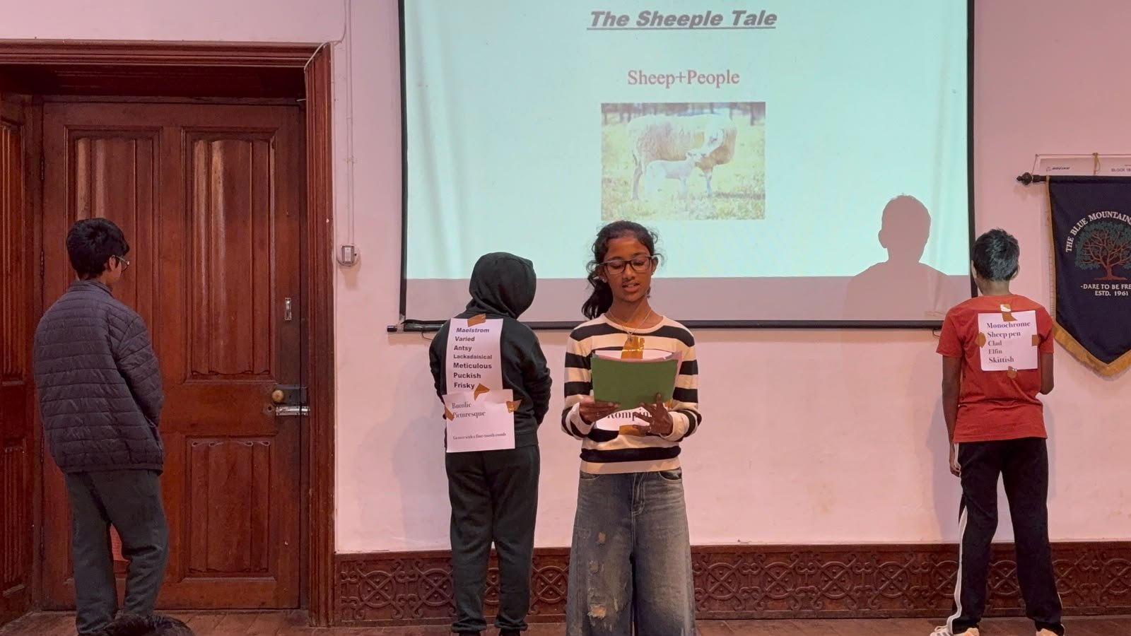 Grade 7 students presenting The Sheeple Tale at their class assembly