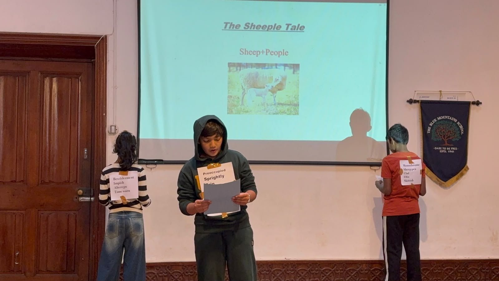 Grade 7 students presenting The Sheeple Tale at their class assembly