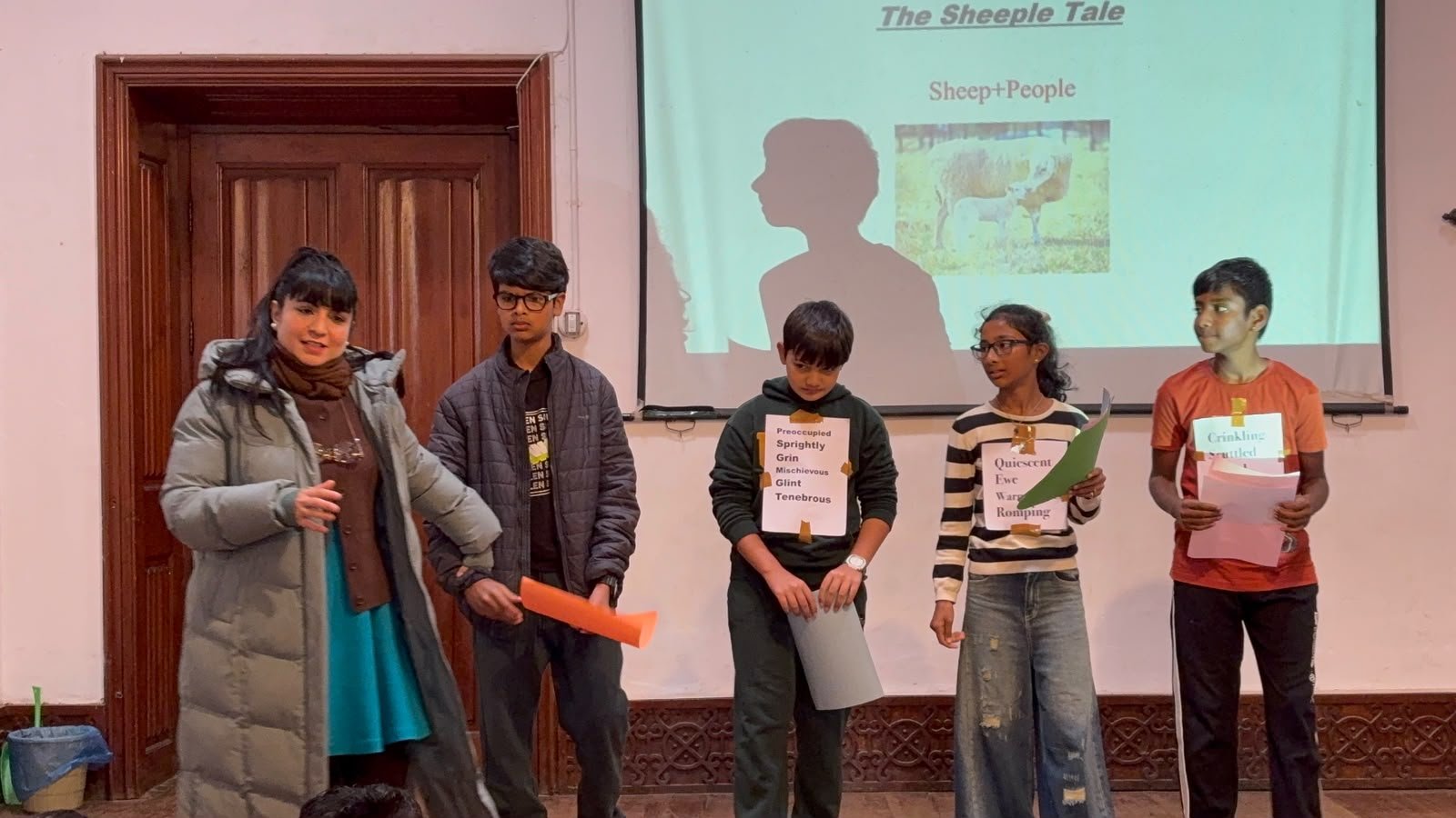 Grade 7 students presenting The Sheeple Tale at their class assembly