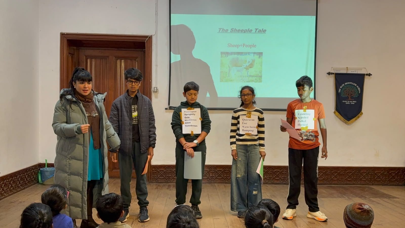 Grade 7 students presenting The Sheeple Tale at their class assembly