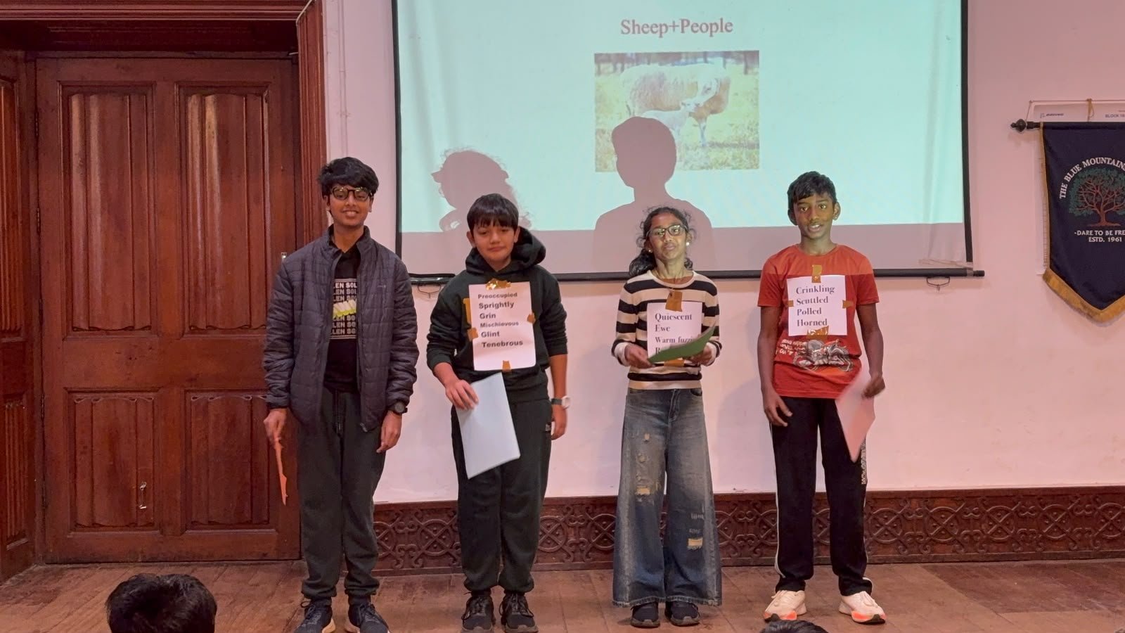 Grade 7 students presenting The Sheeple Tale at their class assembly