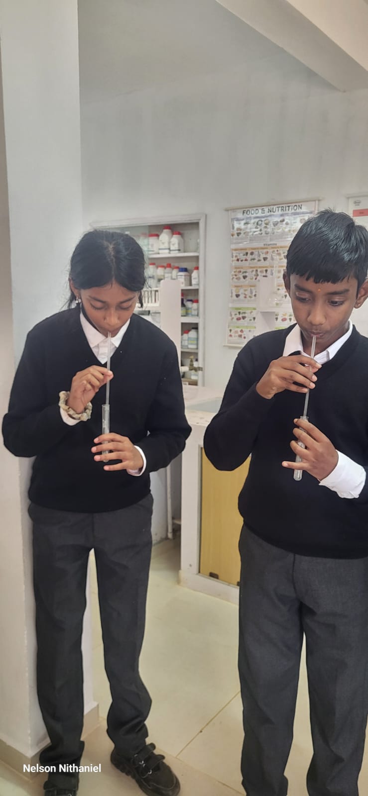 Two Grade 7 students blowing exhaled air through straws into lime water