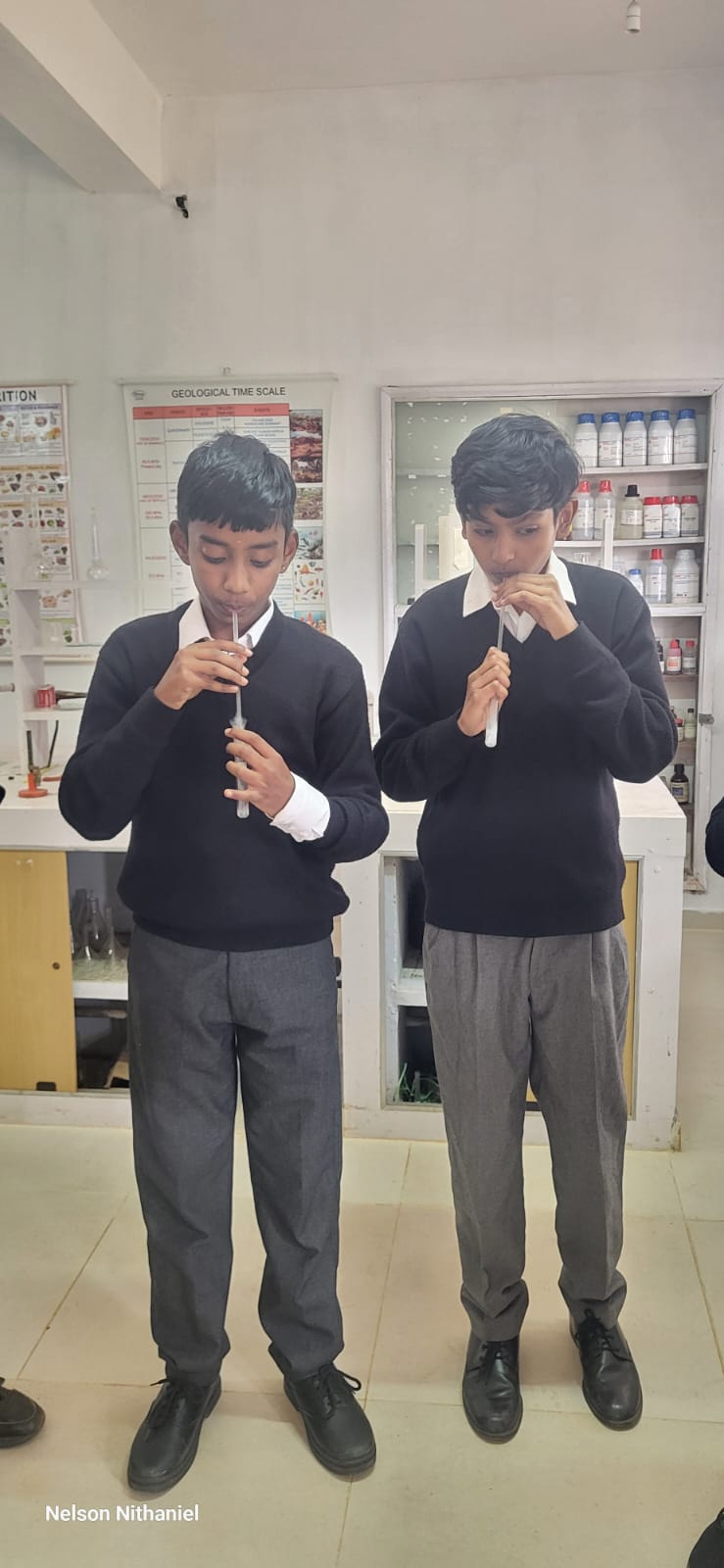 Two students blowing exhaled air into their test tubes of lime water