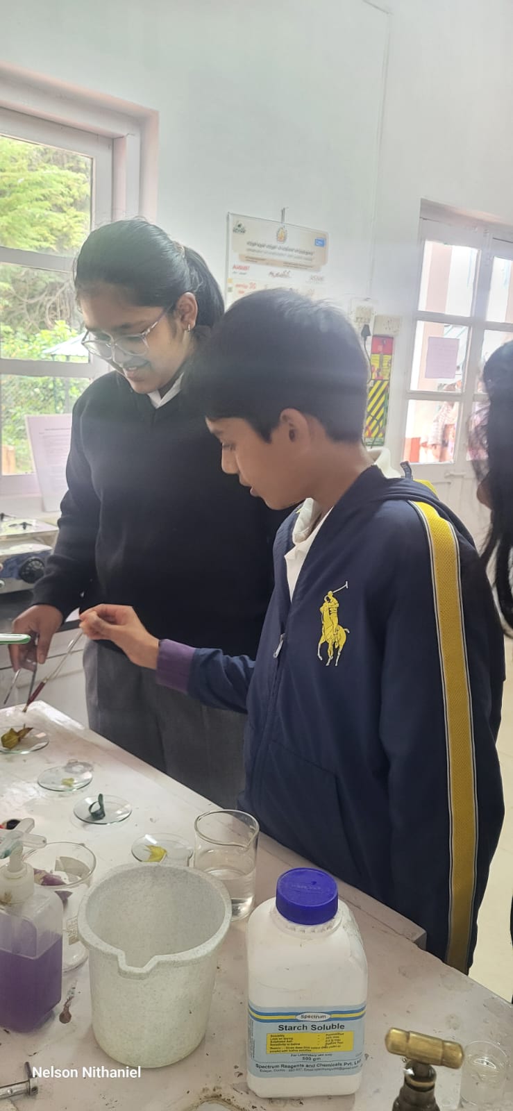 A student measuring out Starch Soluble reagent with a classmate