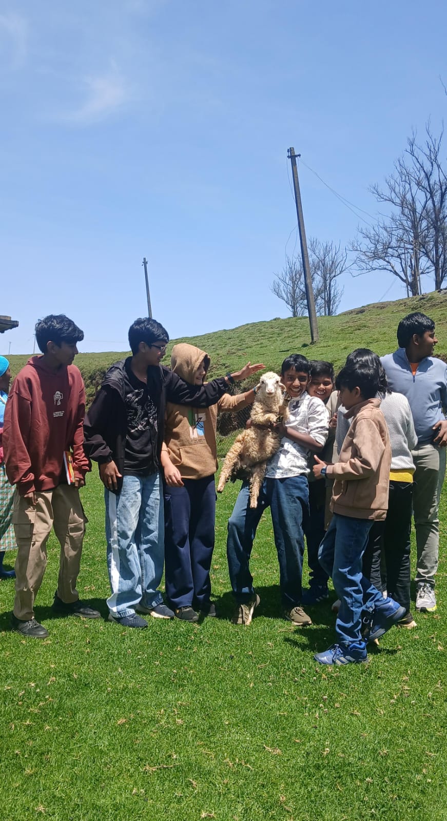 A group of students gathered around a lamb
