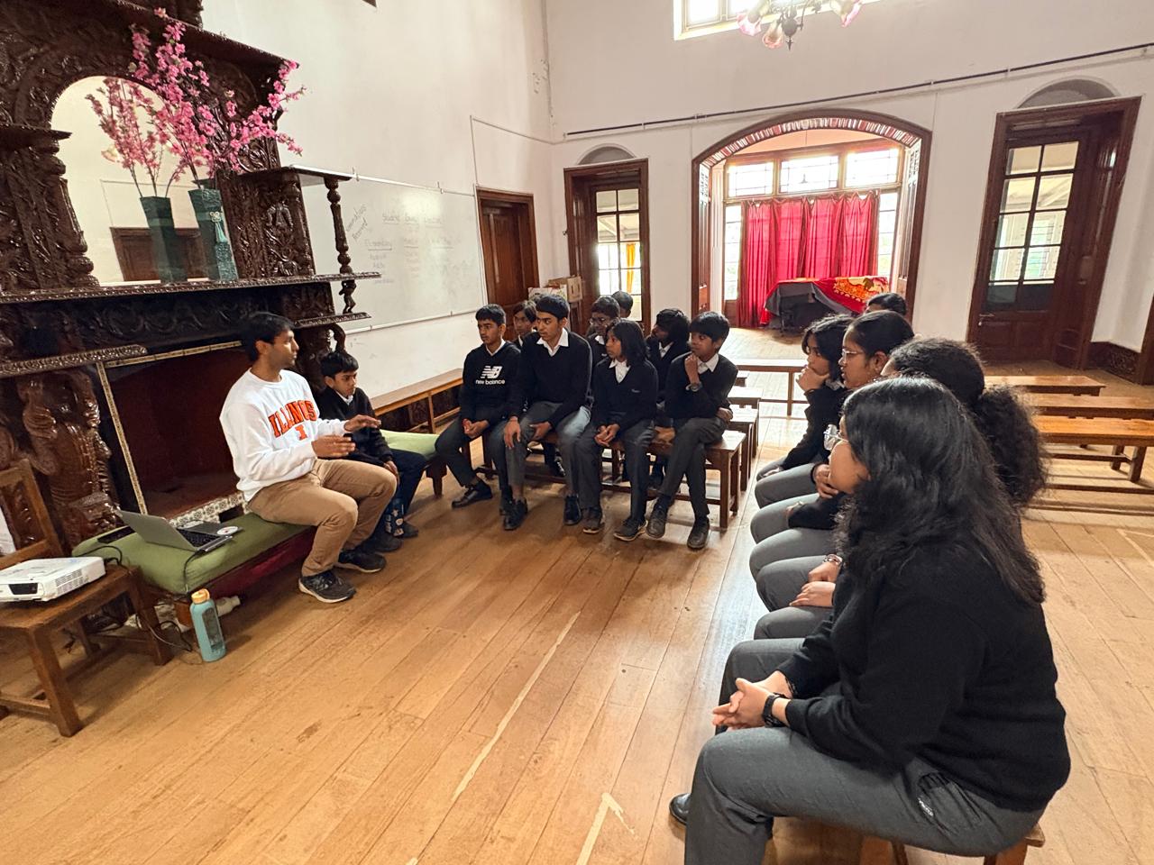 BMS students listening to speaker Shansha Syed Ibrahim in the Assembly Hall