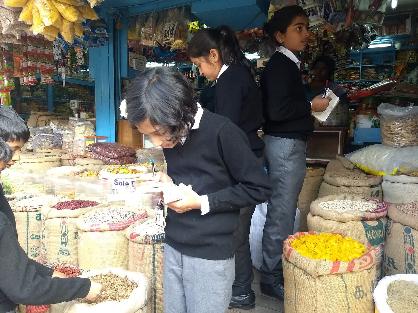 Sacks of grains, seeds and pasta shells