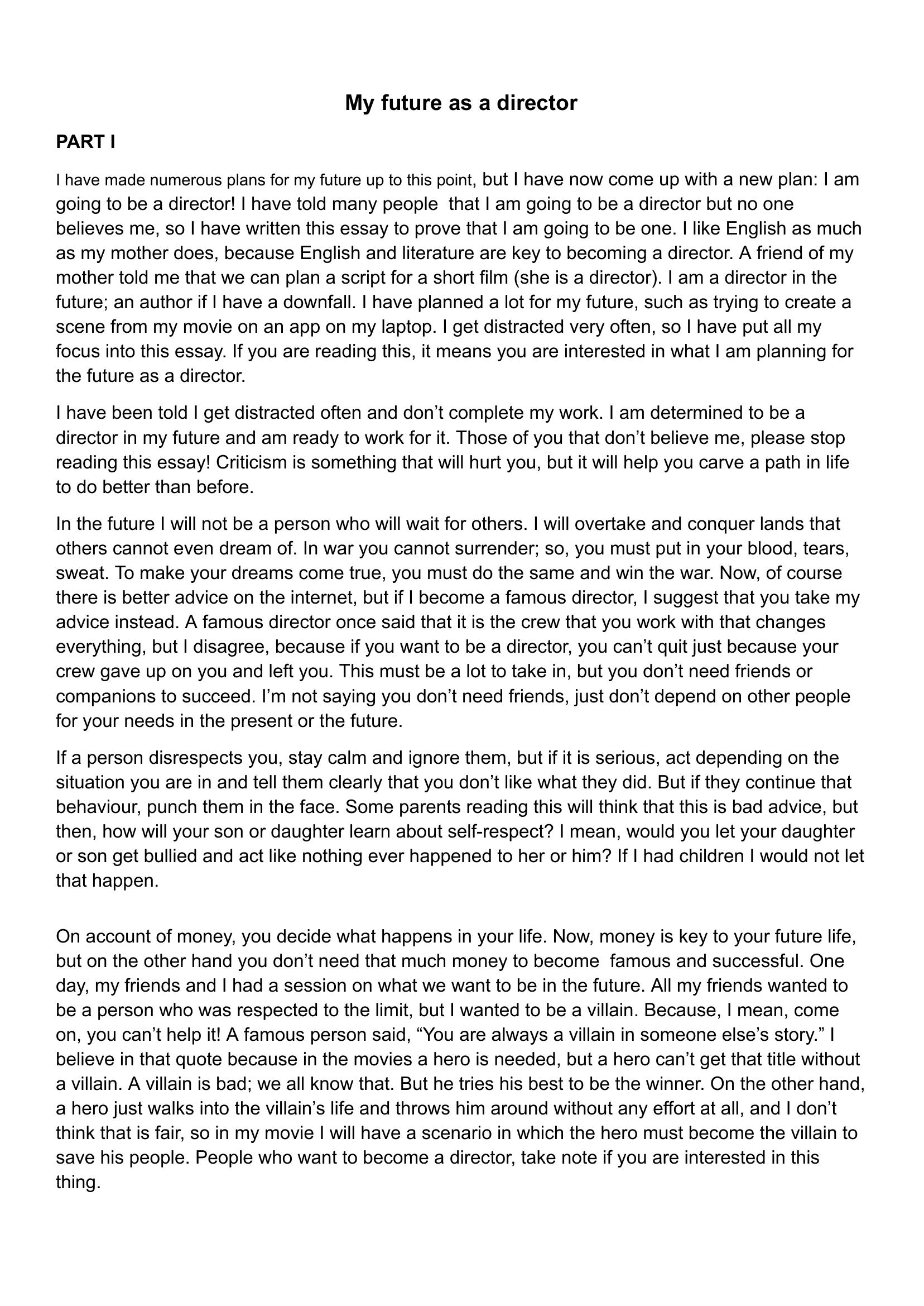 Title page of the essay My Future as a Director by Happy Jayden, Grade 6
